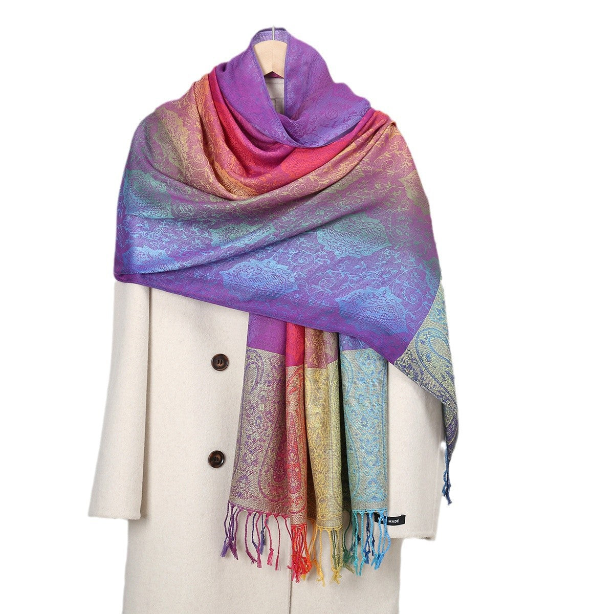 Womens Ethnic-Style Gradient Embroidered Colorful Cashew Tassel Shawl