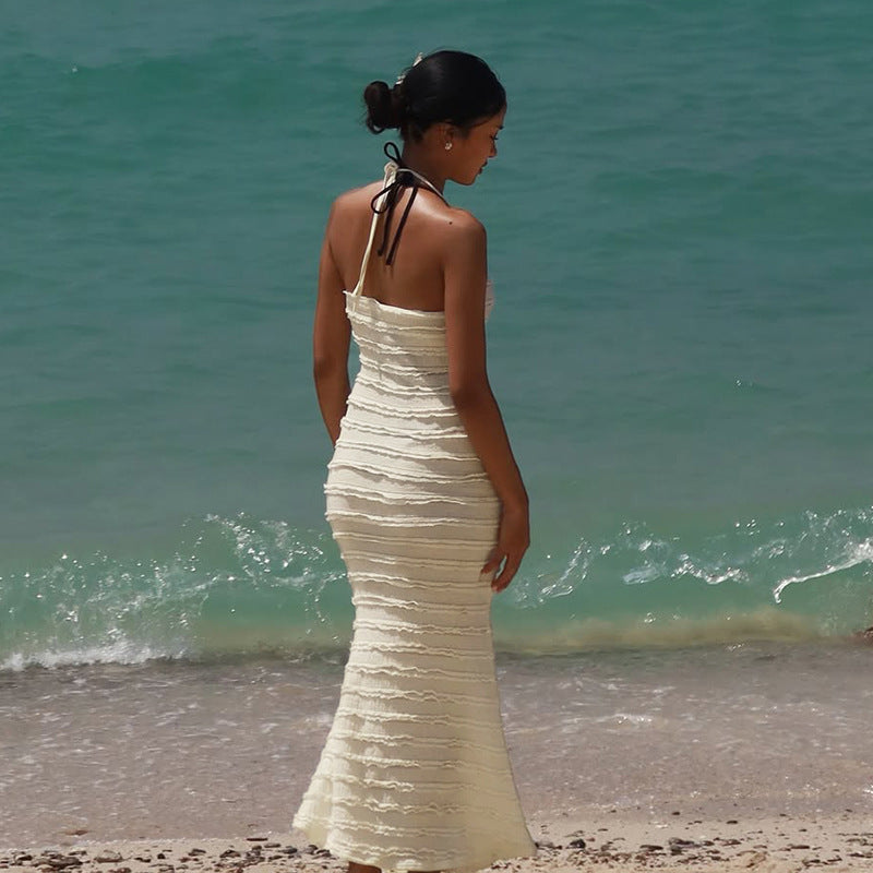 Womens Wave-Pattern Lace-up Halter Dress
