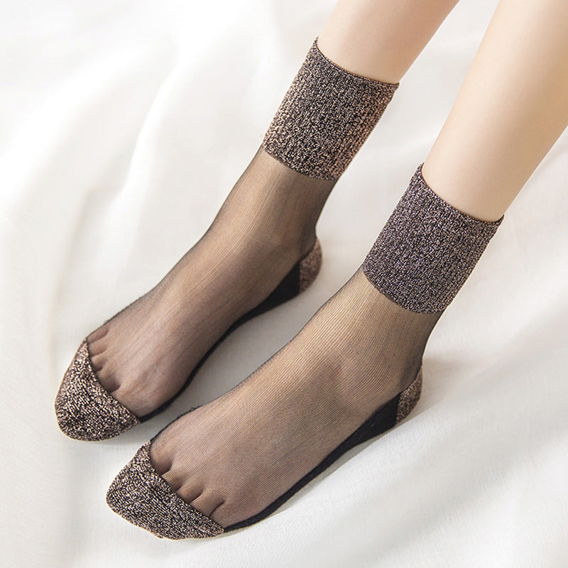 Spring And Summer Ultra-thin Women's Cotton Base Black Silk Transparent Mid-calf Socks