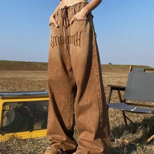 American-style Retro Frayed Design Loose Wide-leg Jeans