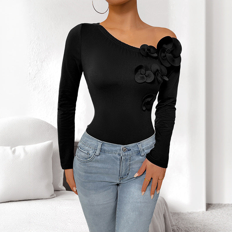 Diagonal Collar Single-shoulder Suspender Long-sleeved Tight Jumpsuit