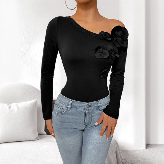 Diagonal Collar Single-shoulder Suspender Long-sleeved Tight Jumpsuit