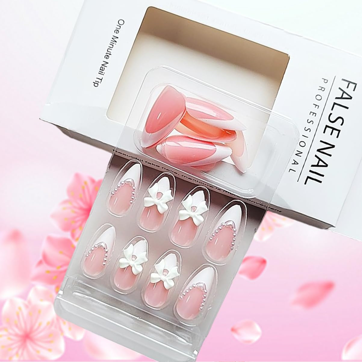 24Pcs Almond Press on Nails French Tips Short Fake Nails with Cute Bow Charms Design French Press on False Nails Nude Pink Acrylic Nails Almond Shaped Artificial Nails for Women Girls Manicure Tip