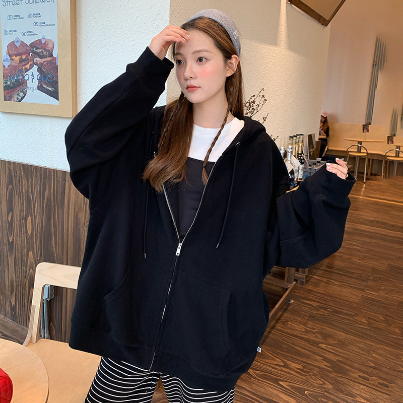 Solid Color Zipper Sweater Coat Women's Autumn Korean Style Hooded