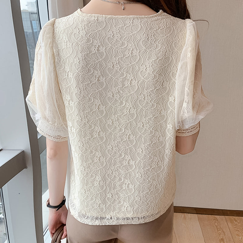 Ladies Style V-Neck Pullover Puff Sleeve T-Shirt