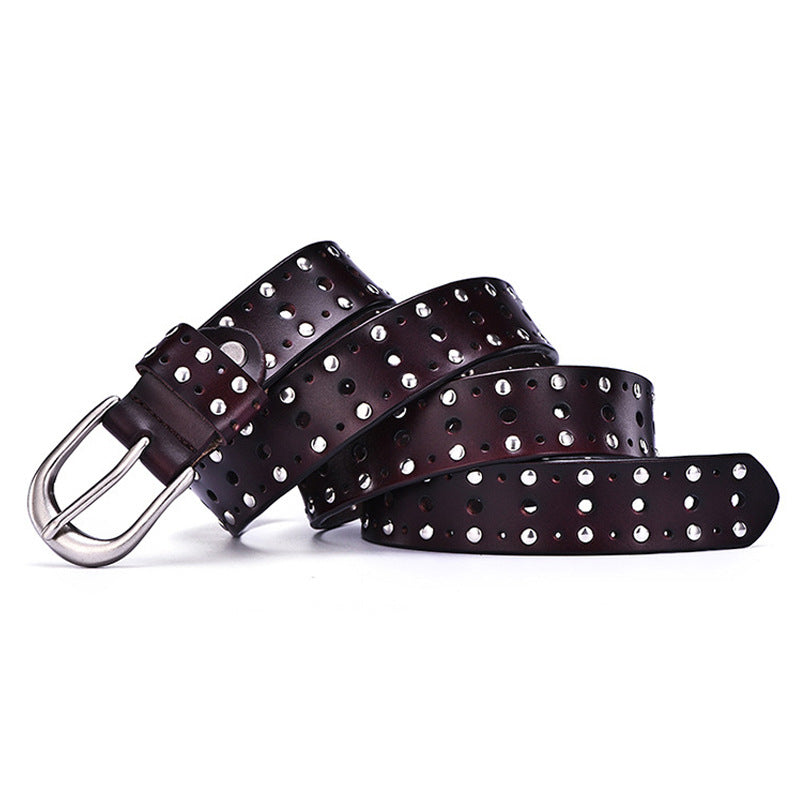 Women's Real Cowhide Trousers Belt With Punk Rivets European And American Style