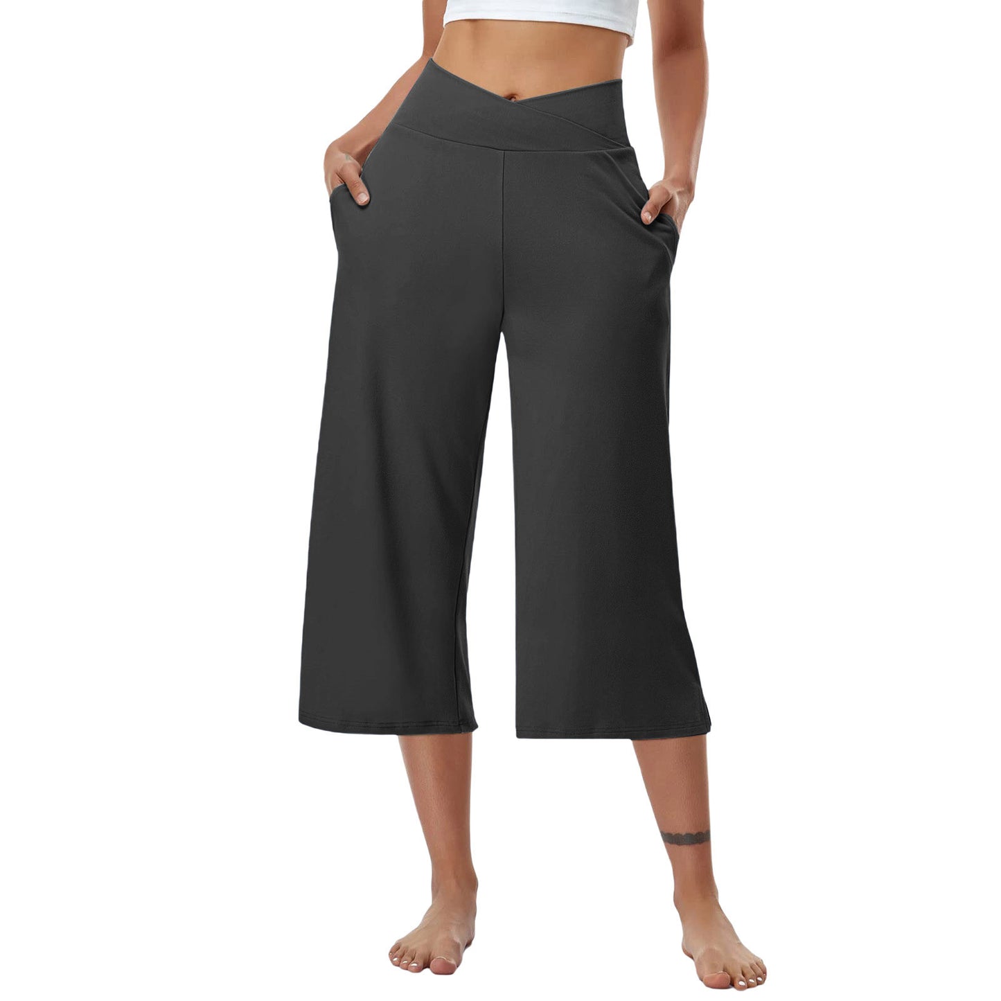 High-Waist Butt-Lifting V-Shaped Waist Wide-Leg Fitness Running Cropped Pants
