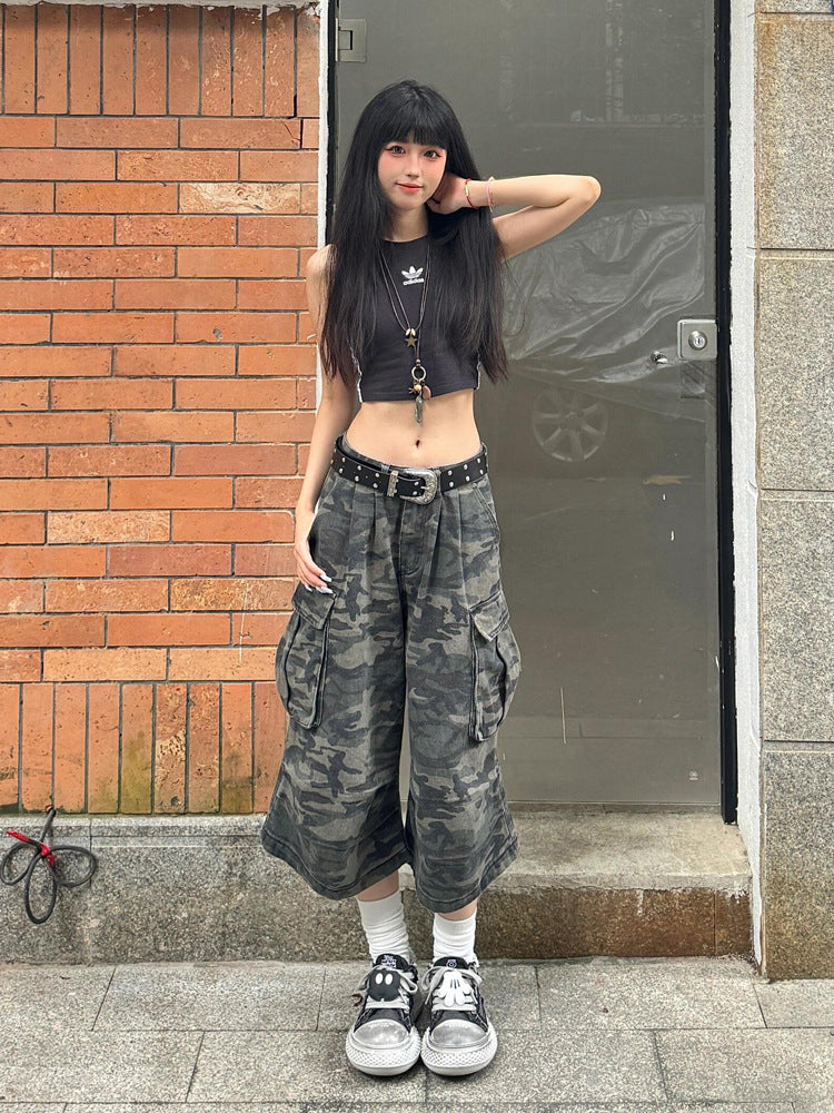 Summer Fashion All-matching High Waist Loose Straight Cargo Cropped Pants