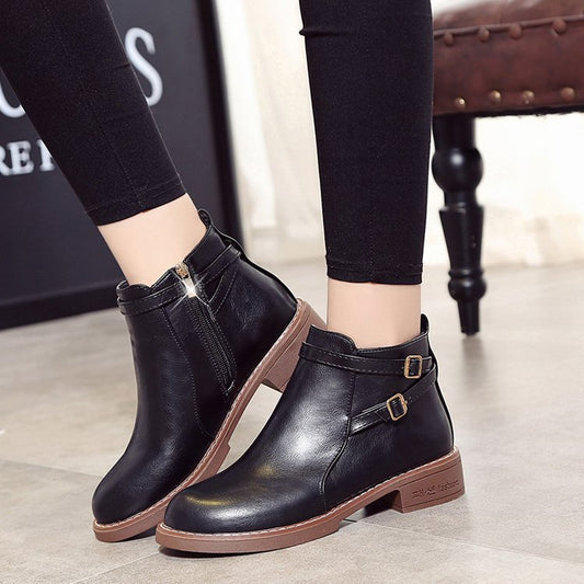 Womens Low-heeled Leather Buckle Ankle Boots