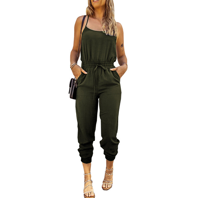 Slim Fit Cropped Pencil Pants Tie Elastic Waist Suspender Jumpsuit