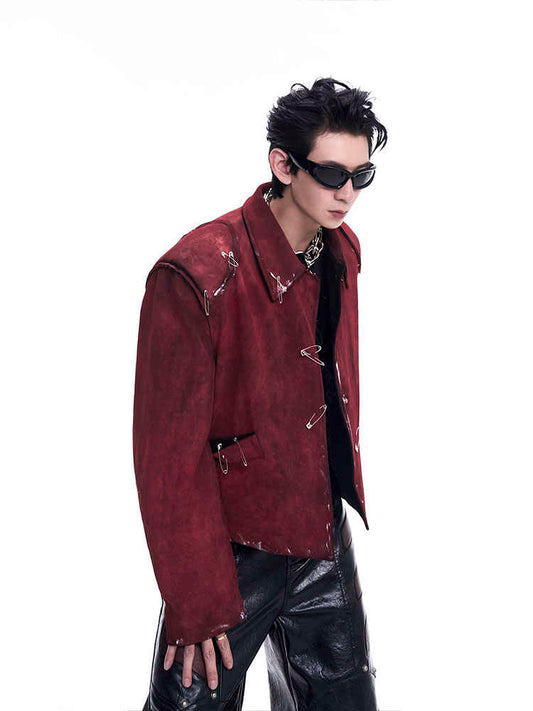 Men's Thick Quilted Flocking Decorative Pin Jacket Coat