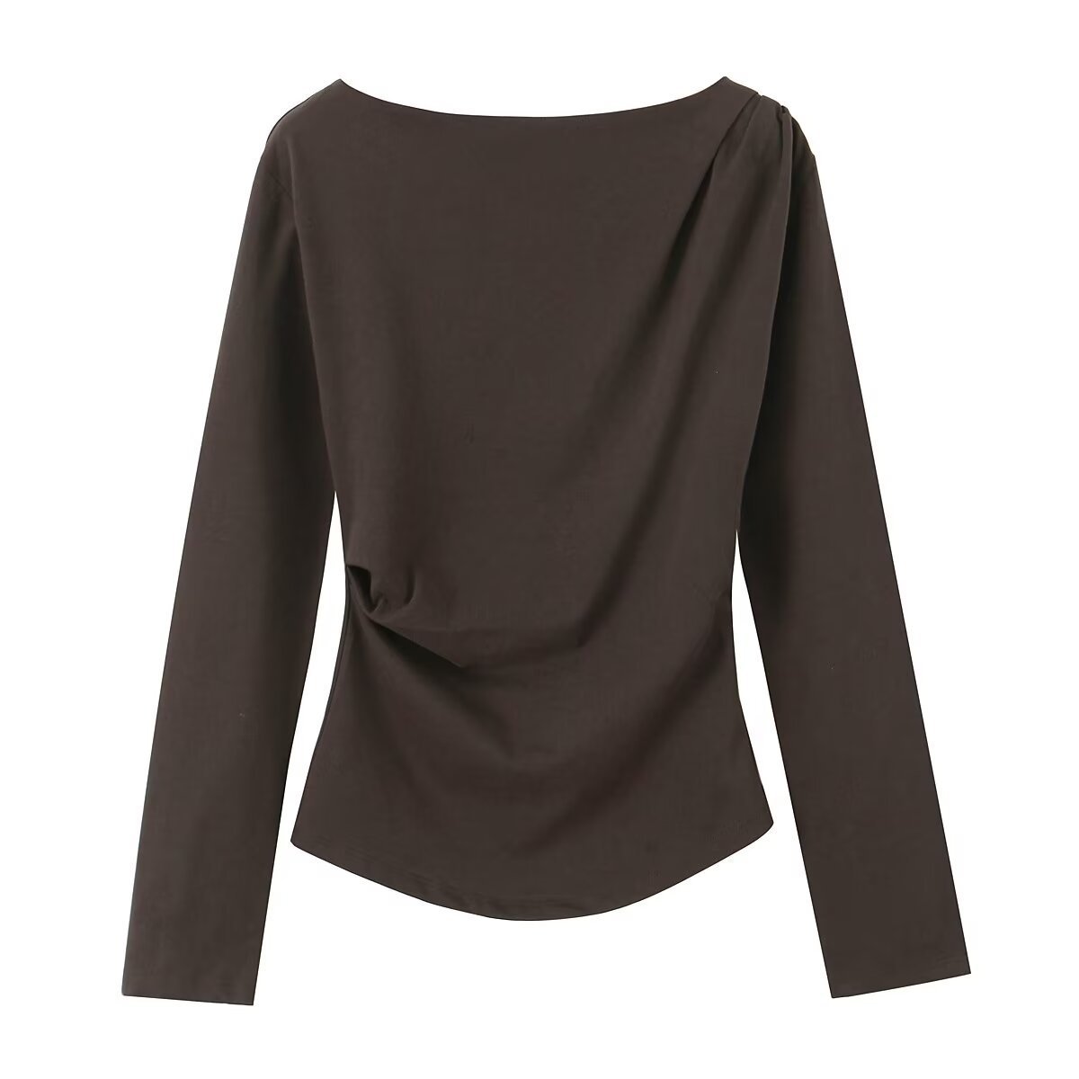 Spring New Simple And Versatile Long-sleeve Asymmetrical Elastic Top For Women With Pleats