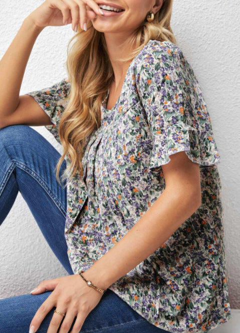 Summer New Floral Print Short Sleeve T Shirt