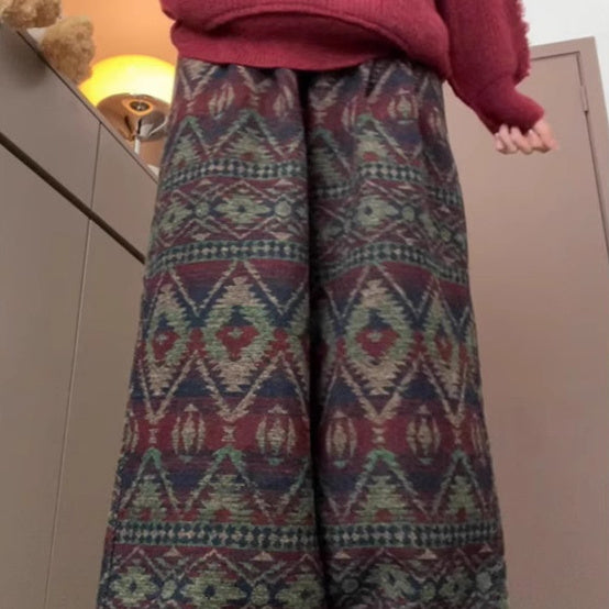 Knitted Ethnic Jacquard Wide Leg Loose Casual Long Pants