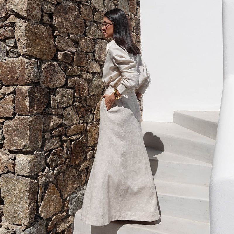Elegant Crew-neck Long-sleeve Shirt And High-waisted Figure-flattering Skirt Two-piece Set