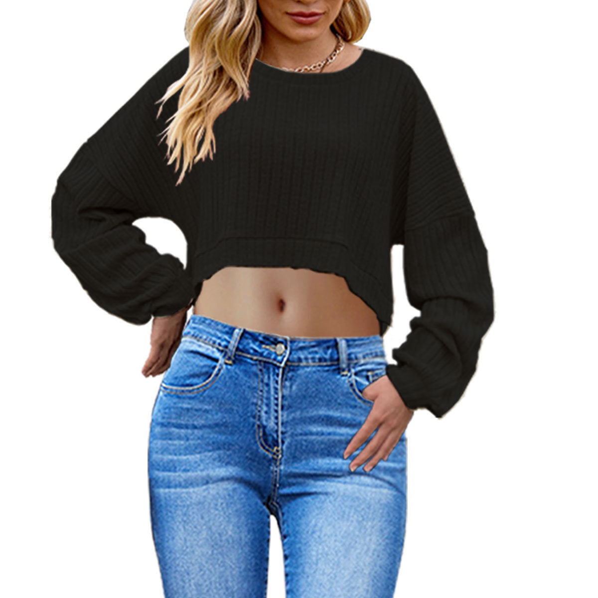 European And American Brushed Sunken Stripe Knitted Midriff-baring Long Sleeve Short T Women's Top