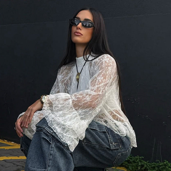 White Lace Jacquard Sheer High-neck Workwear Relaxed-style Long-sleeve Shirt