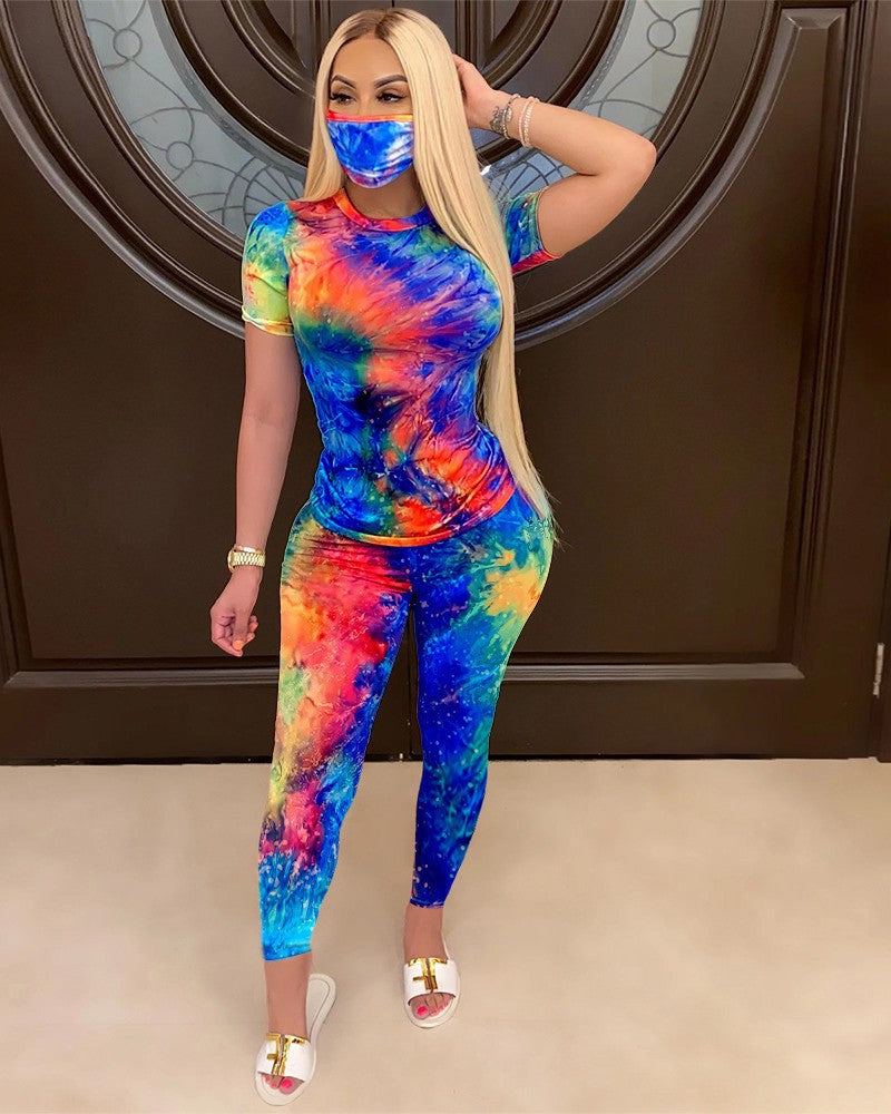 European And American Women Tie-dye Color Crew Neck Casual Fashion Sports Set