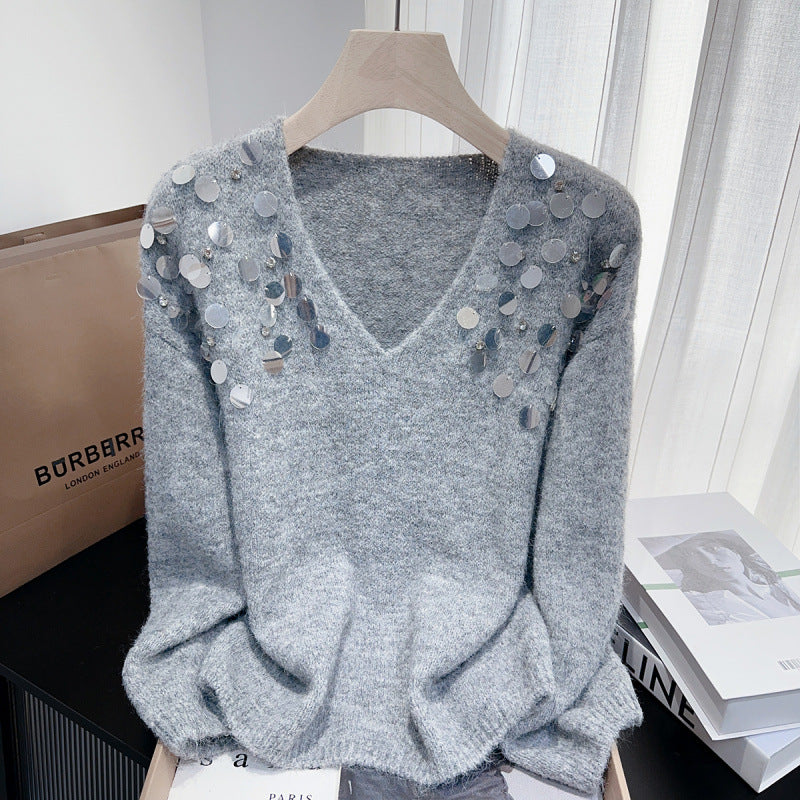 Chunky broderi pailletter diamant V-hals pullover hyggelig sweater