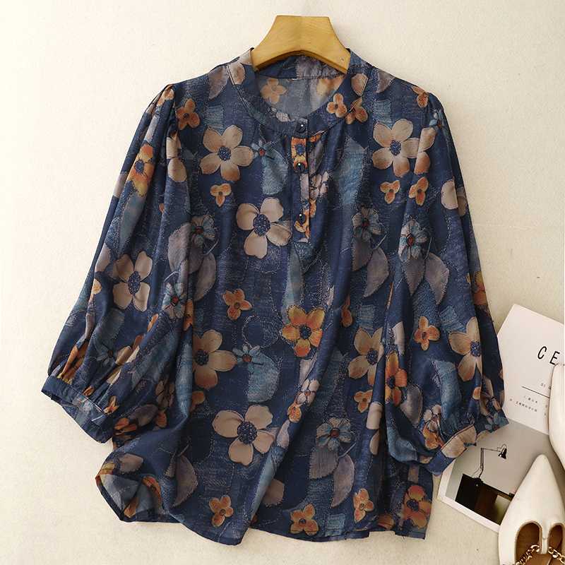 Retro Chic Printet Chiffon Top til Kvinder med Trekvartærmer