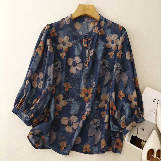 Womens Retro Chic Printed Three-Quarter Sleeve Chiffon Top