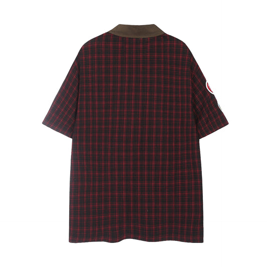 Retro Plaid Colorblock Lapel Short-sleeved T-shirt