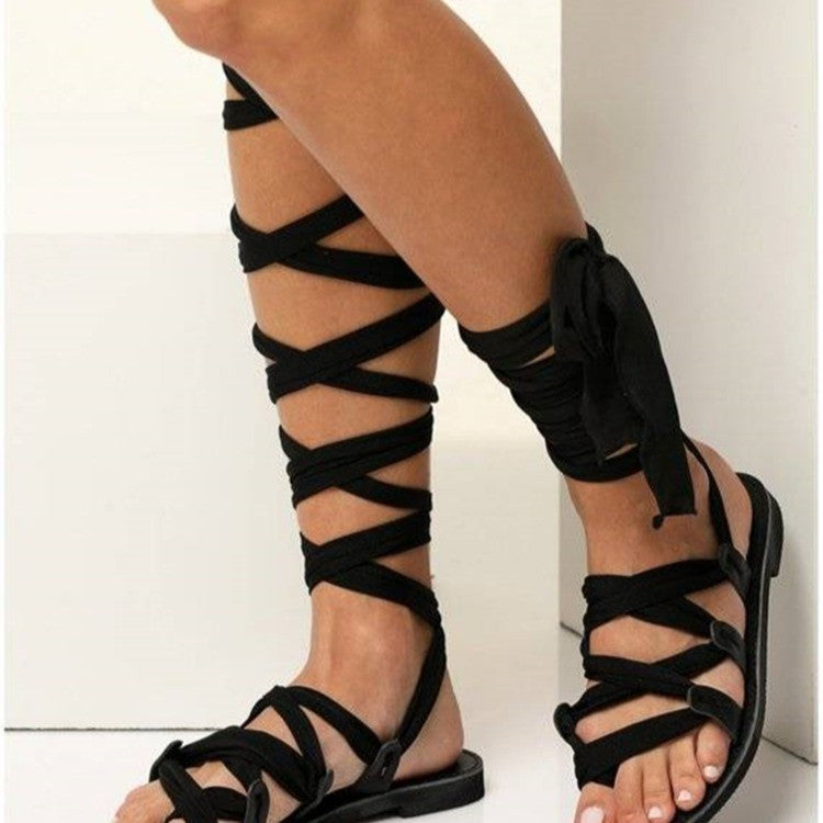 Large Size European And American Fashion High-top Ankle Ring Strap Set Toe Flat Roman Sandals Women