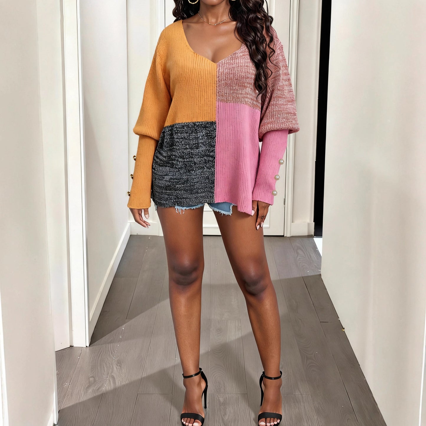 Women's Fashion Pullover Color-blocked Deep V Spliced Sweater