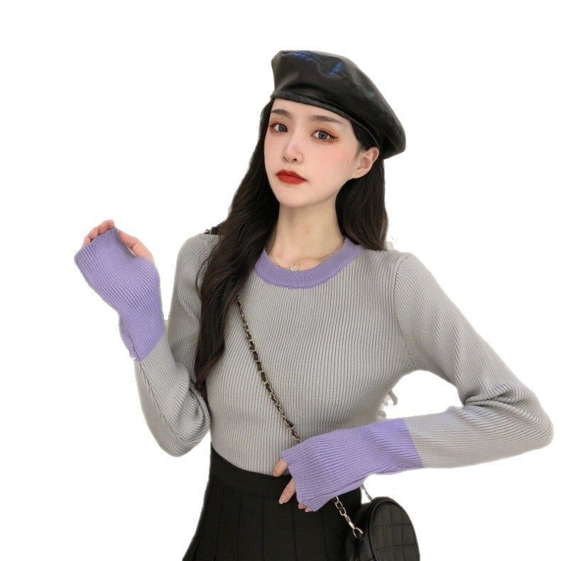 Women's Round-neck Sweater With Design Sense And Finger-loop Undershirt