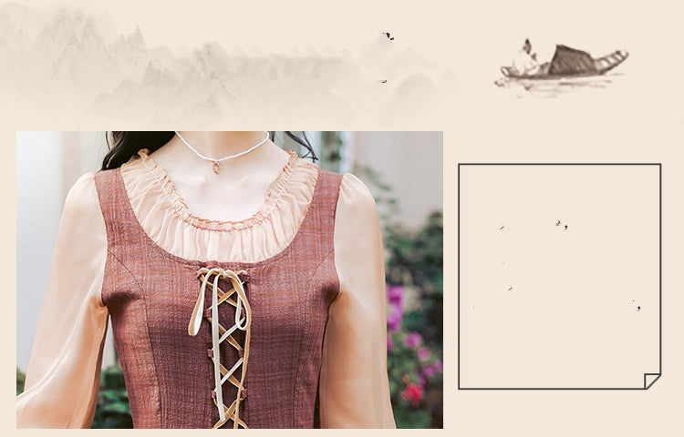 Lace Up Drawstring Fake Two-piece Dress For Women