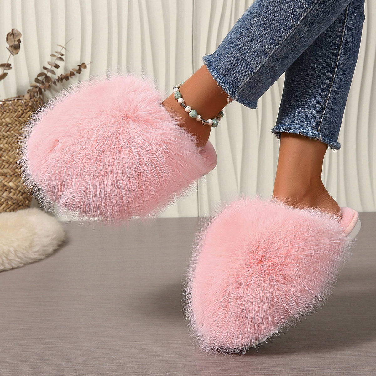 Kvinde Plus-size Ensfarvede Fluffy Store Pelsede Hjemmesko