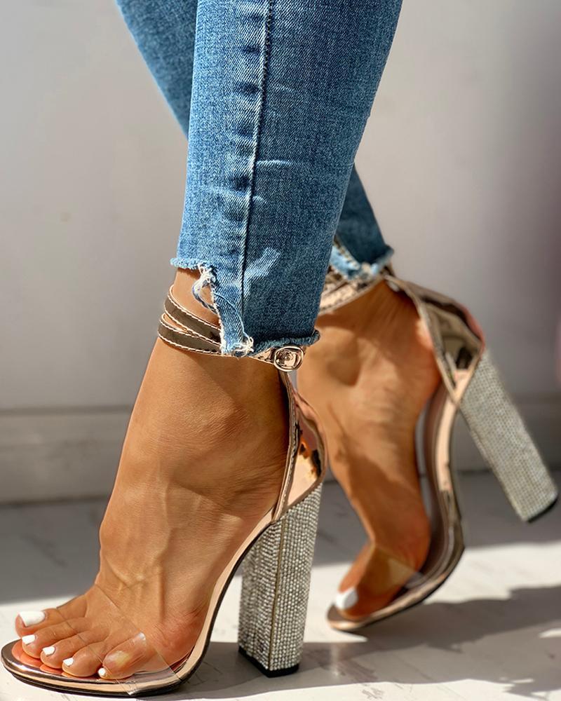 Fashion Rhinestone Pointed Thick Heel Buckle Strap  Toe Sexy Foreign Trade Sandals