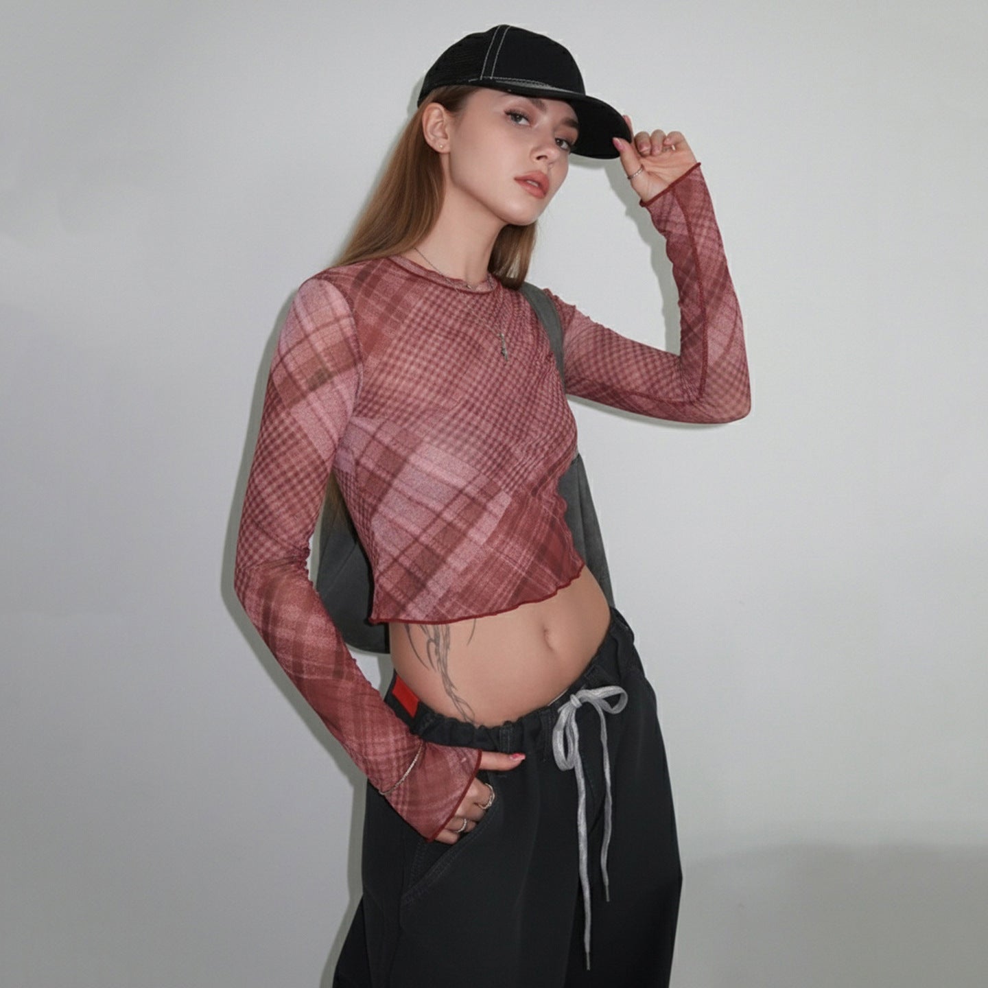 Contrast Color Check Mesh Outerwear Lightweight See-through Sexy Top