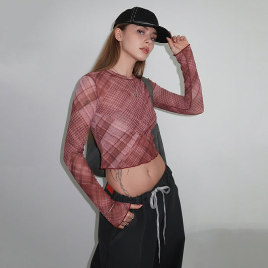 Kontrastfarvet ternet mesh-overtøj Let gennemsigtig sexet top