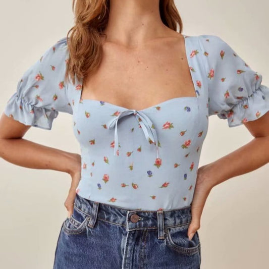 Printed Regal-style Square-neck Tie-front Slim-fit Short-sleeve Shirt
