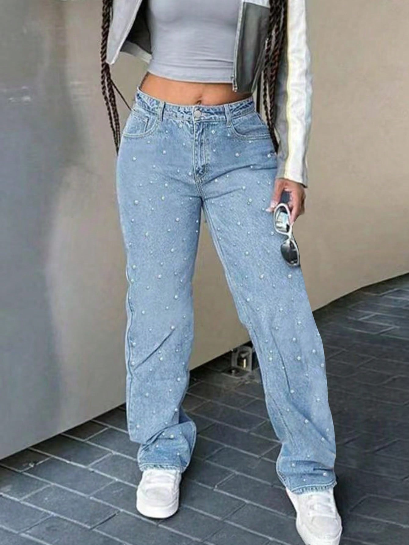 Elegante rhinstensjeans med brede ben til damer