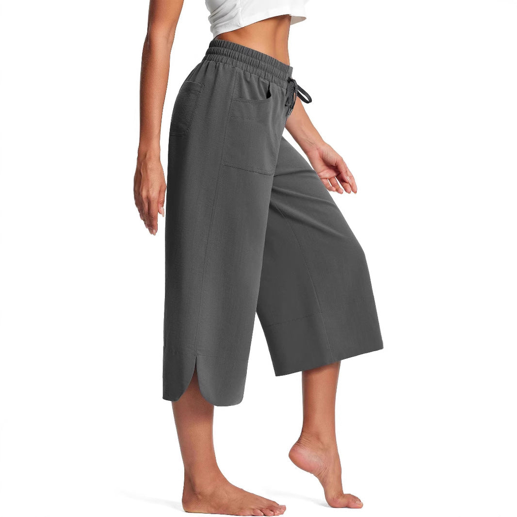 Summer Elastic Waist Solid Color Wide Leg Loose Casual Cropped Pants For Women