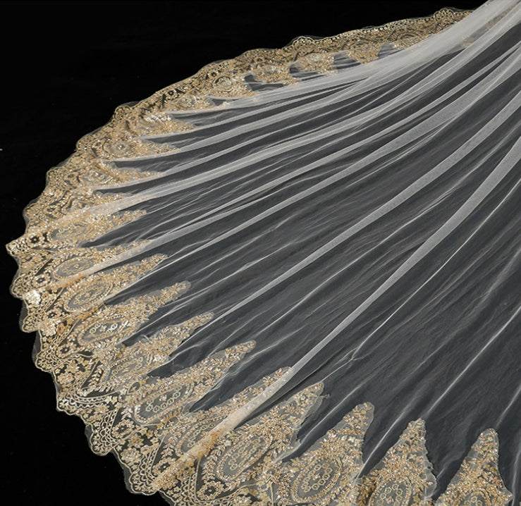 New Bridal Sequins Extra Long Lace Veil With Diamonds