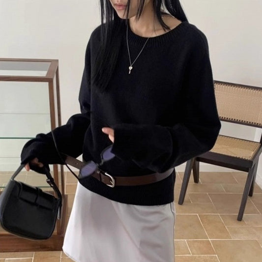 Scheming Hollow Backless Loose Round Neck Knitted Knitting Shirt