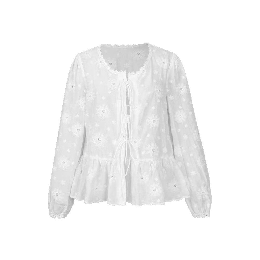 Korean-style Instagram-inspired Patchwork Lace Embroidered Long-Sleeve Womens Blouse
