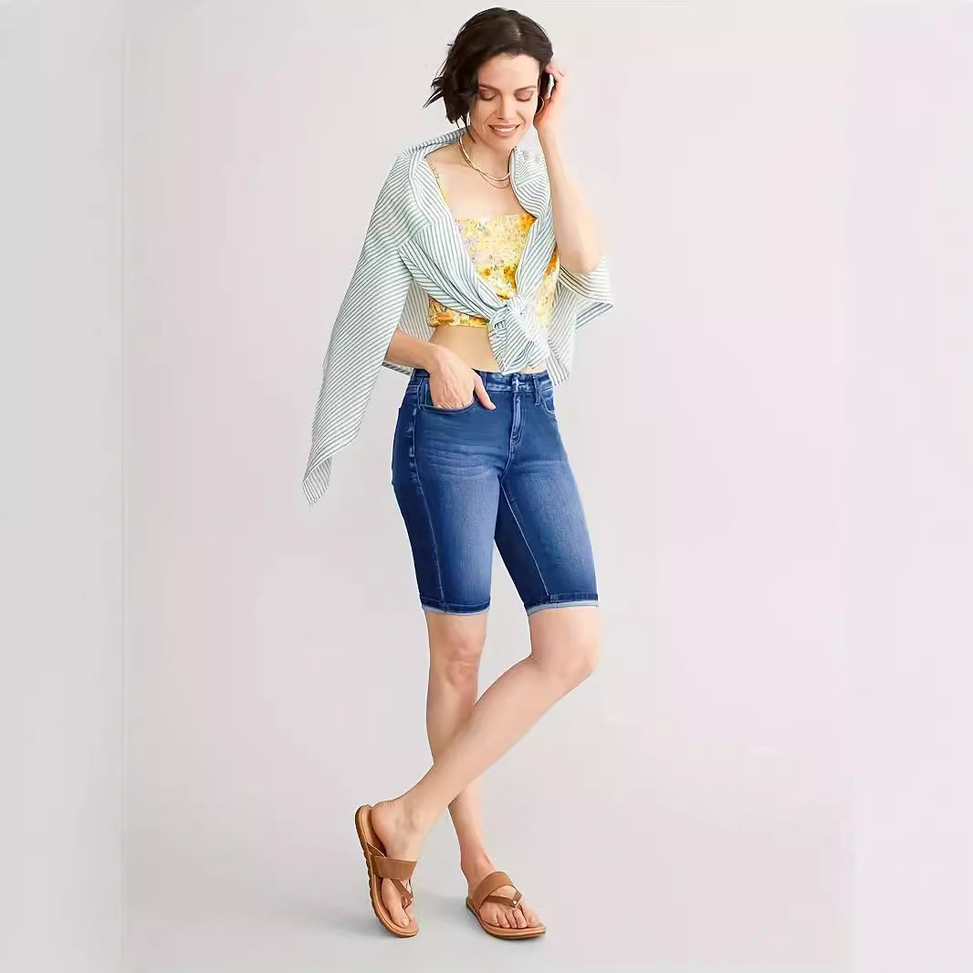 New Women's Slim Fit All-match Embossed Button Denim Shorts