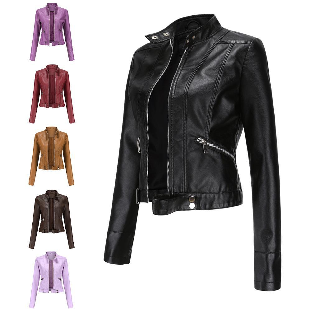 Veste courte en cuir pour femme avec col montant, fine