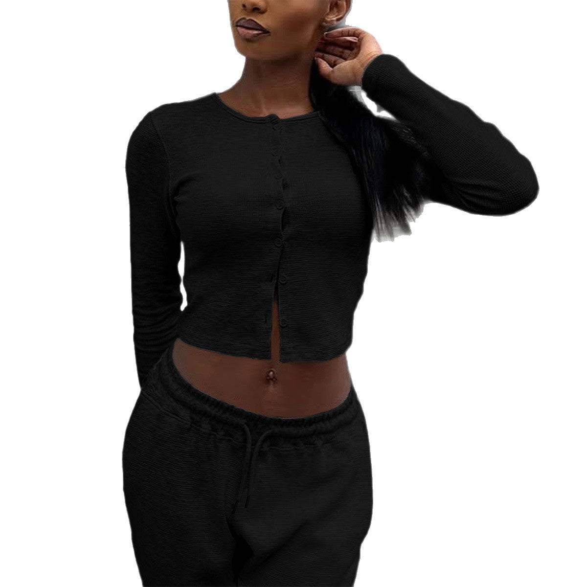 Womens Solid-Color Base Shirt And Casual Pants Set