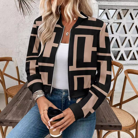Dame lynlås geometrisk print afslappet langærmet jakke