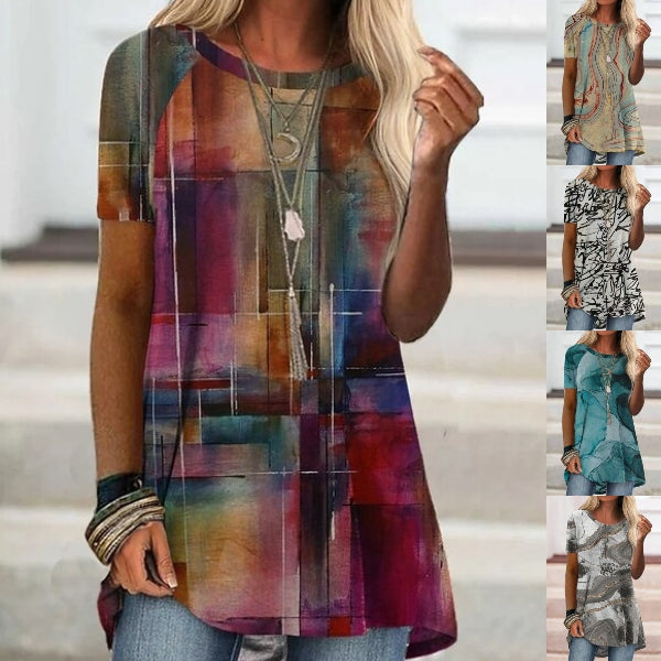Dame løs T-shirt med print og rund hals og lange ærmer