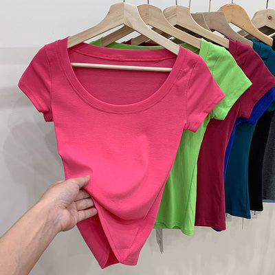 Cotton T-shirt Women's Short Sleeve Low Collar Collarbone
