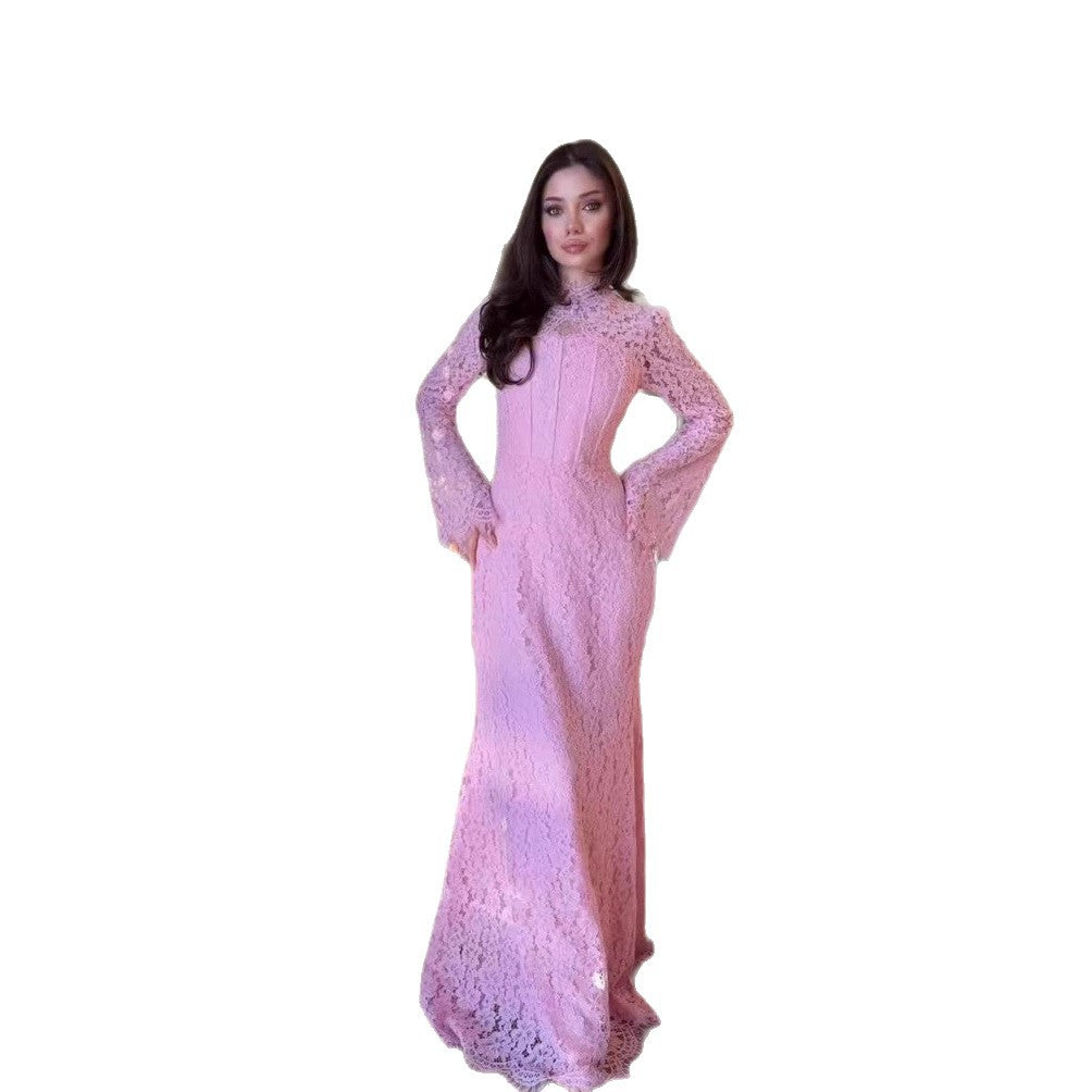 Luxe Lace Evening Dress With Long Sleeves And A Long Skirt