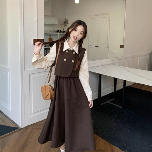Womens Vintage French-Style Mock Two-Piece Long-Sleeve Dress