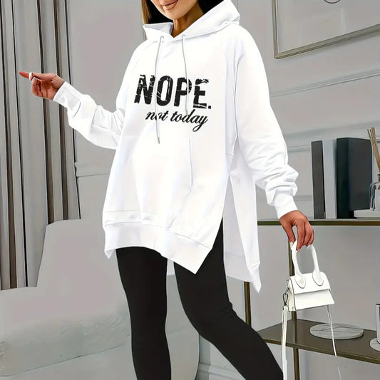 Letter Print Pocket Slit Casual Long Sleeve Hooded Casual Set
