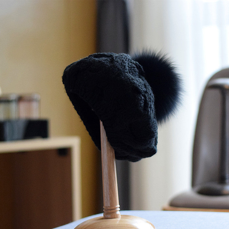 Autumn And Winter Fox Fur Ball Wool Hat For Children
